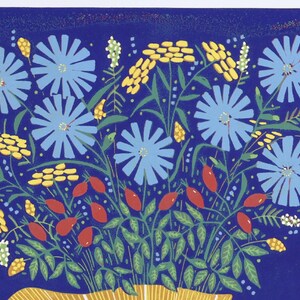 linocuts, Blue Sky, Sunshine and Wildflowers, handprinted, signed, Mariann Johansen-Ellis, flowers in a vase image 6