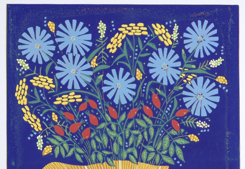 linocuts, Blue Sky, Sunshine and Wildflowers, handprinted, signed, Mariann Johansen-Ellis, flowers in a vase image 6