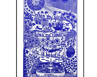 linocut,  My Garden, blue and white, handprinted on paper, signed, limited edition, Mariann Johansen-Ellis, landscape,