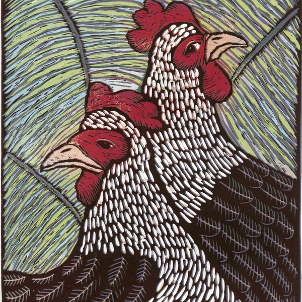 linocut reduction print, Pecking Order, 2 hens in strong vibrant colors on white paper