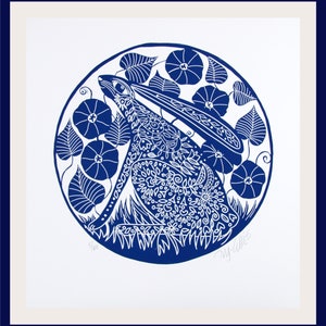 Hare print, handprinted on paper, signed and numbered in a limited edition, linocut, printmaking, blue and white print