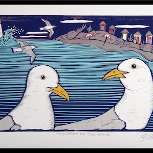 linocut, handprinted on paper, Night time on the Beach, seagull print, Mariann Johansen-Ellis, printmaking,