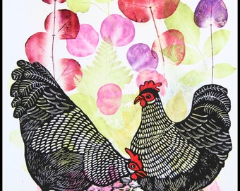 linocut, mixed media, Free Range, plant printing, handprinted and signed, Mariann Johansen-Ellis, hens, farm animals