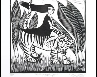 Linocut, Riding the tiger, black and white, handprinted, signed, Mariann Johansen-Ellis