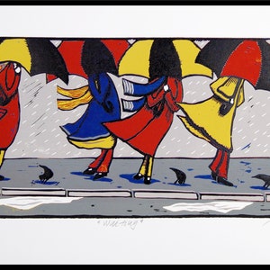 linocut, Waiting, umbrellas, rain, red and yellow, handprinted, signed, Mariann Johansen-Ellis