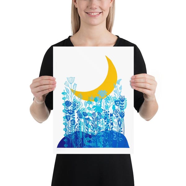 Moon and Blue flower meadow, from a linocut by Mariann Johansen-Ellis