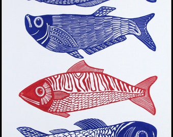 linocut, 4 fish, 3 blue, 1 red, blue and white, handprinted on paper, signed, Mariann Johansen-Ellis