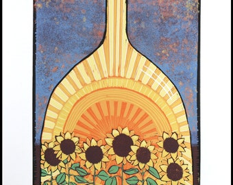 linolschnitt, Abgefüllter Sonnenschein, Sonnenblumen, handgedruckt auf Papier, signiert, mariann johansen-ellis