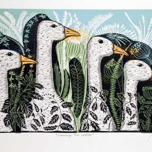 Linocut, Guarding the Nettles, geese, nettles, green, white, blue, farm animals, birds, xl print, rustic decor, country decor, home interior