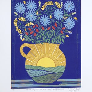 linocuts, Blue Sky, Sunshine and Wildflowers, handprinted, signed, Mariann Johansen-Ellis, flowers in a vase image 7