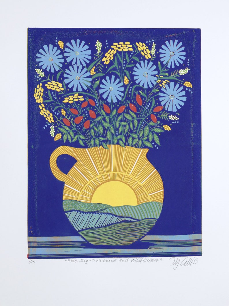 linocuts, Blue Sky, Sunshine and Wildflowers, handprinted, signed, Mariann Johansen-Ellis, flowers in a vase image 7