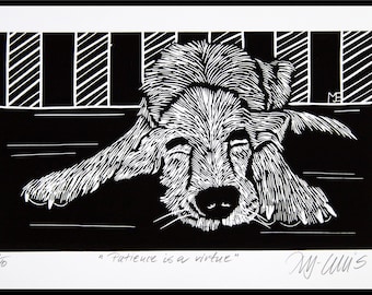 linocut print, Patience is a virtue, sleeping dog, handmade print, signed, Mariann Johansen-Ellis