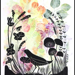 Linolschnitt, Wachtelkönig Sommer, Vogel, Blumen, Natur, Wiese, Wildblumen, schwarz, pastellfarben, Mariann Johansen-Ellis, Druckgrafik Bild 1