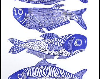 linocut, 4 fish, blue and white, handprinted on paper, signed, Mariann Johansen-Ellis