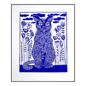 linocut, Blue cat, handprinted, signed, Mariann Johansen-Ellis