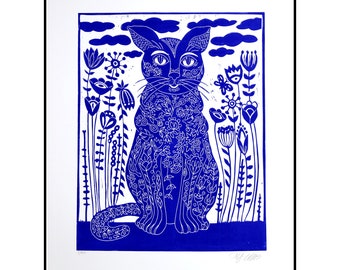 linocut, Blue cat, handprinted, signed, Mariann Johansen-Ellis