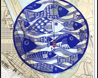 Linocut, handprinted on vintage map, Hook, Line and Sinker, signed and numbered in a limited edition, fish print, blue fish