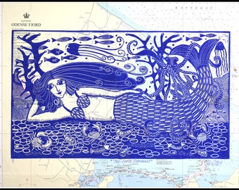 linocut on vintage sea chart, Mermaid, blue and white, handprinted, one of a kind, signed, Mariann Johansen-Ellis