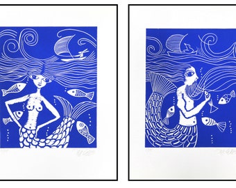 linocut, pair of prints, blue and white, Mermaid and Merman, handprinted, signed Mariann Johansen-Ellis