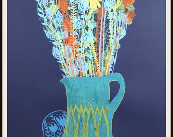 Summer gathering, linocut, handprinted and signed, Mariann Johansen-Ellis, summer flowers in a jug, chine colle