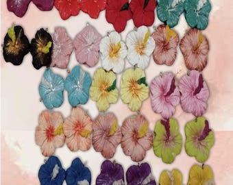 Handmade Polymer Clay Hibiscus Flower Charms –one piece (Light & Dark Colors) – 1.5” Durable Floral Embellishments for Jewelry Key chains