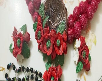 Handmade Polymer Clay Jewelry Set: Red Poppy Pendant, Stud Earrings, Beaded Bracelet (Liberty Fabric) Gift for mother, Wife, Valentine Day