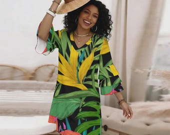 Custom Women's Stacked Ruffle Sleeve or V-Neck Short Sleeve Organic Oversized, Urban look, with touch of casual styling Photo Print Dress.