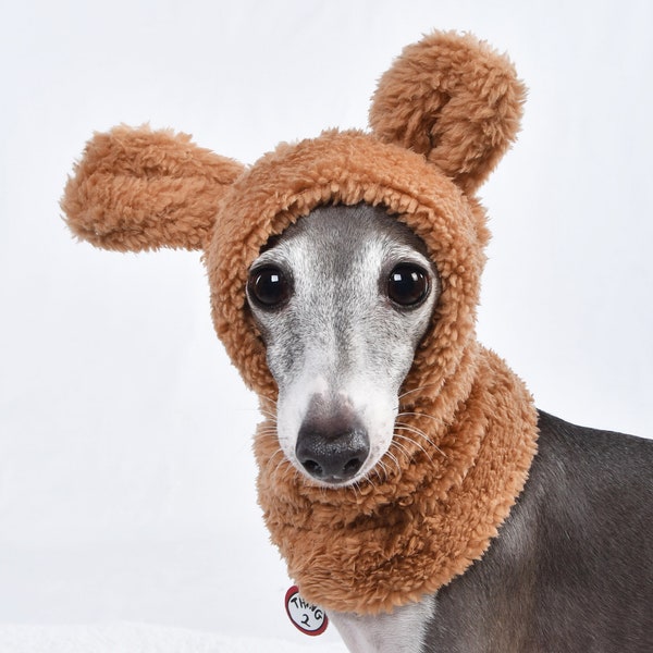 Cozy Sherpa Bear Ears Dog Snood Hat sized for Greyhounds | Winter dog outfit | Greyhound Christmas | Warm gear for dogs