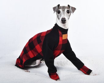 Whippet Buffalo Plaid Red/Black T-shirt Pajamas | Dog Pajamas | Greyhound Jammies | Greyhound PJ |