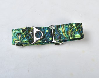 1.5” Green and Teal Peacock Print Martingale Dog Collar | Greyhound Collar | Dog Collar |