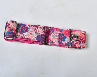 1.5” Coral / Teal Floral Print Martingale Dog Collar | Greyhound Collar | Dog Collar |