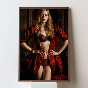 Blonde Mature Woman in Red Satin Nightgown Digital Print Nu Art Poster