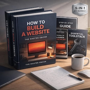 May include: A collection of website design resources, including a book titled "How to Build a Website," a step-by-step guide, and an essential toolstack guide. The image also includes a website launch checklist, a notepad, a coffee mug, and a computer mouse.