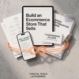 Könnte beinhalten: Ein Bild mit einem Tablet und Smartphone, auf denen der Text "Build an Ecommerce Store That Sells" und "Pre-Launch Checklist" zu sehen ist. Dazu gehören ein Leitfaden, ein USB-Stick und der Text "7 Conversion Killers". Ein orangefarbenes Kabel bildet ein Unendlichkeitszeichen.