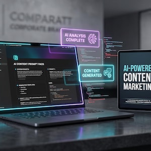 May include: A laptop and tablet display information related to AI-powered content marketing. The laptop screen shows "AI CONTENT PROMPT PACK" and code. The tablet displays "AI-POWERED CONTENT MARKETING". Neon accents highlight the devices and text.