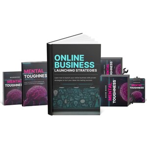 Puede incluir: Una colección de libros y guías para estrategias de negocios en línea. El libro principal, "ONLINE BUSINESS LAUNCHING STRATEGIES", está flanqueado por cuadernos de trabajo, guías y listas de verificación, todos con el tema de la fortaleza mental. La combinación de colores es negro, turquesa y rosa.