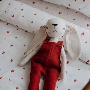 Handmade Bunny Doll in Linen Overalls – Soft Toy for Babies and Toddlers – Neutral Nursery Decor – Waldorf Inspired Bunny – Newborn Gift