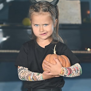 Kids Halloween Tattoo Sleeve Shirt | Black Cotton T-shirt with Tattoo Print Sleeves | Sizes 80-152 | Halloween Costume Top