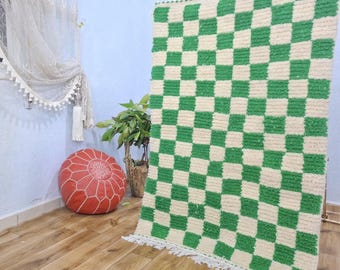 Green Checkered Rug, Hand Tufted Carpet For Living Room, Artisana Shag Moroccan Area Rug,