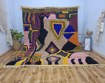 Hand Tufted Wool Berber Rug, 8.2 x 10 ft, Multicolored Geometric Design
