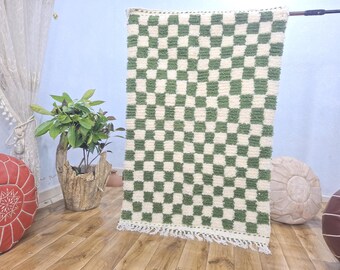 Checkered Green rug, Custom Moroccan rugs For living room, Berber Wool Handmade Rug,