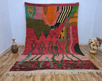 Red Handmade Moroccan Wool Rug, Colorful Berber Carpet, luxurious Area Rug