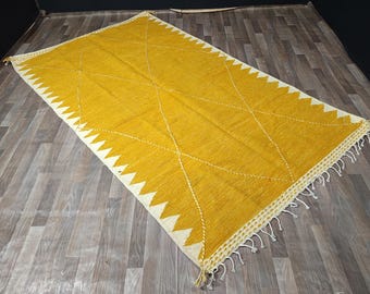 Handmade Berber Wool Rug, Bohemian Mustard Yellow, Kilim Style