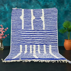 Moroccan Blue rug, Stripped Berber rug, Custom Moroccan rug , Beni ourain rug, Handmade rug, Abstract Wool rug, blue rug, moroccan blue rug