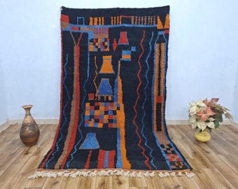 Artistiek Marokkaans tapijt, authentiek berberwollen tapijt voor moderne en bohowoningen, zwart wollen tapijt