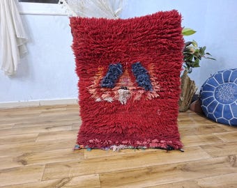 Small Vintage Moroccan Rug, Old Red Handwoven Wool Rug, Authentic Soft Carpet