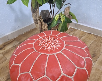 RED Leather Moroccan Pouf, Artistic Handmade Poufs For all Home space