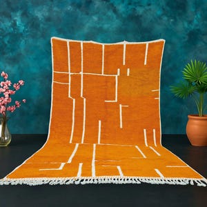 Orange Handmade Beni Ourain Rug, Orange Rug, Custom Size Wool Rug, Striped Shag Rug, Artisan Area Rug