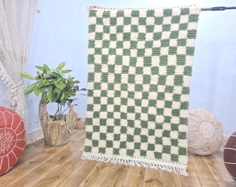 Hand Tufted Green Checkered Beni Ourain Rug, Moroccan Wool Shag