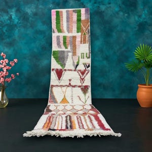 Handmade Moroccan Runner Rug – Authentic Wool Berber Carpet with Colorful Tribal Symbols for Boho & Eclectic Interiors